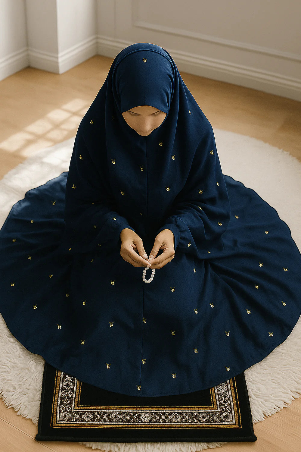 EMBROIDERED NAMAZ CHADDAR WITH SLEEVES-NAVY BLUE