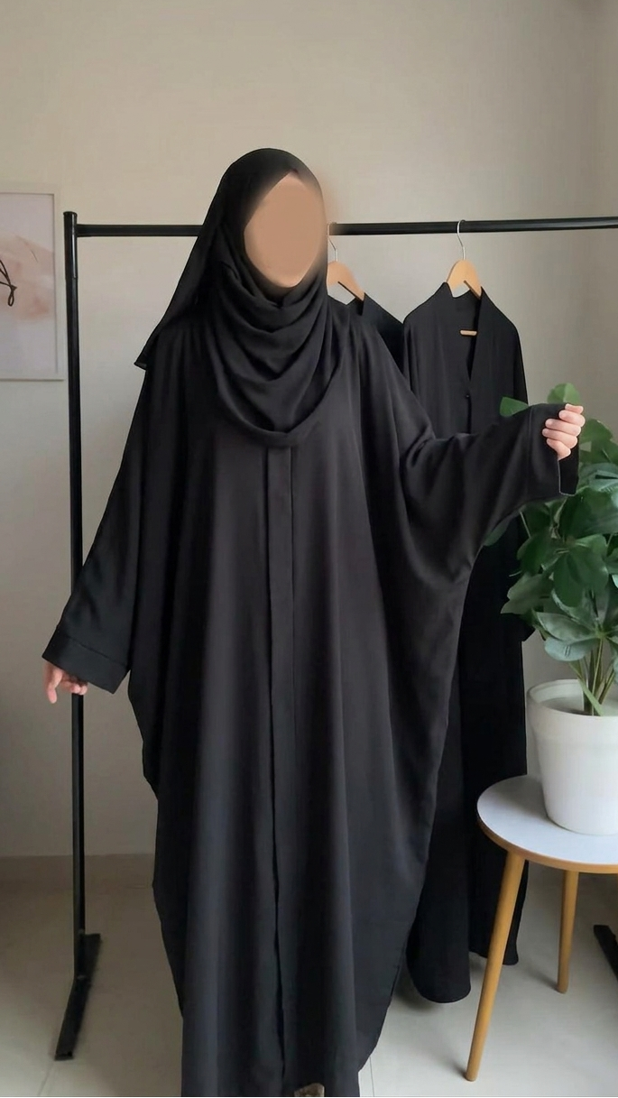 Plain Front Open Baggy Abaya - Black