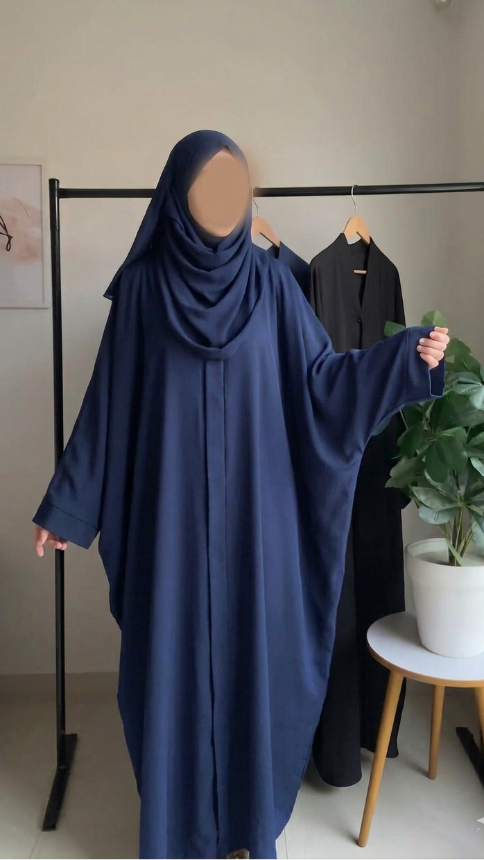Plain Front Open Baggy Abaya - Navy Blue