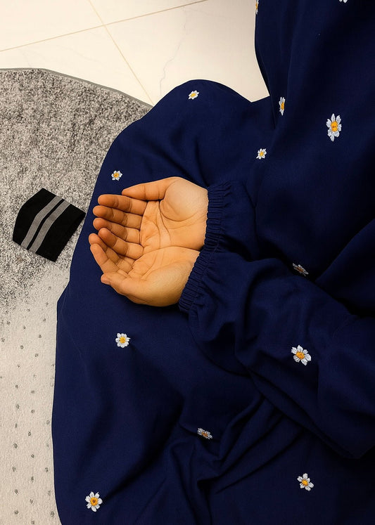 EMBROIDERED NAMAZ CHADDAR WITH SLEEVES - NAVY BLUE - Amirah.pk