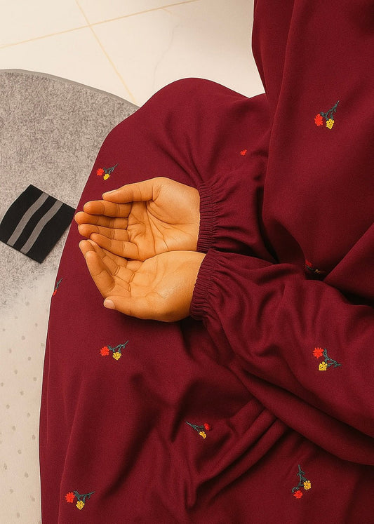FLORAL EMBROIDERED NAMAZ CHADDAR WITH SLEEVES - MAROON - Amirah.pk