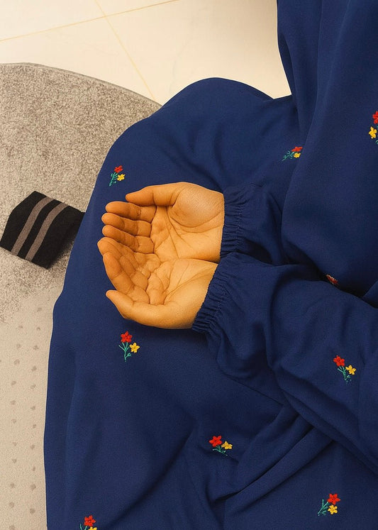 FLORAL EMBROIDERED NAMAZ CHADDAR WITH SLEEVES - NAVY BLUE - Amirah.pk