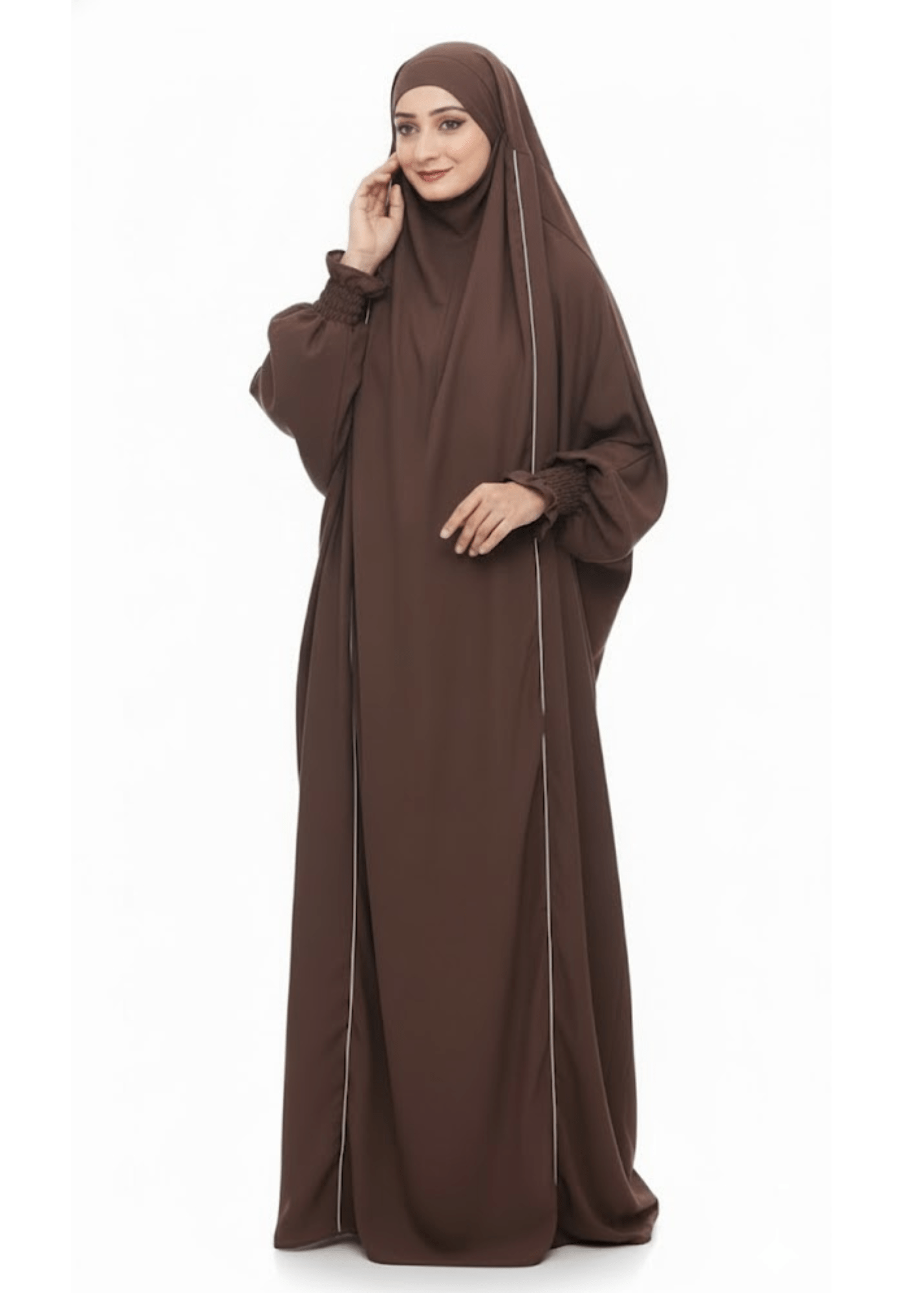 French Piping Jilbab - Brown - Amirah.pk