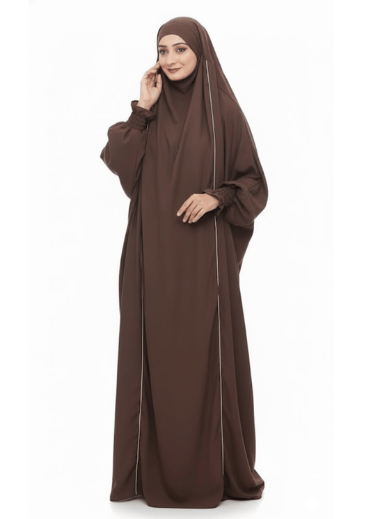 French Piping Jilbab - Brown - Amirah.pk