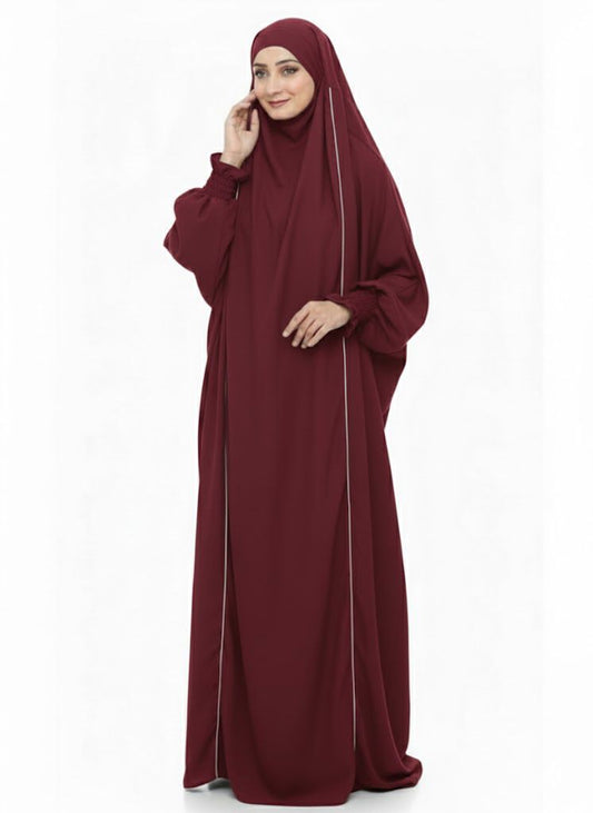 French Piping Jilbab - Maroon - Amirah.pk