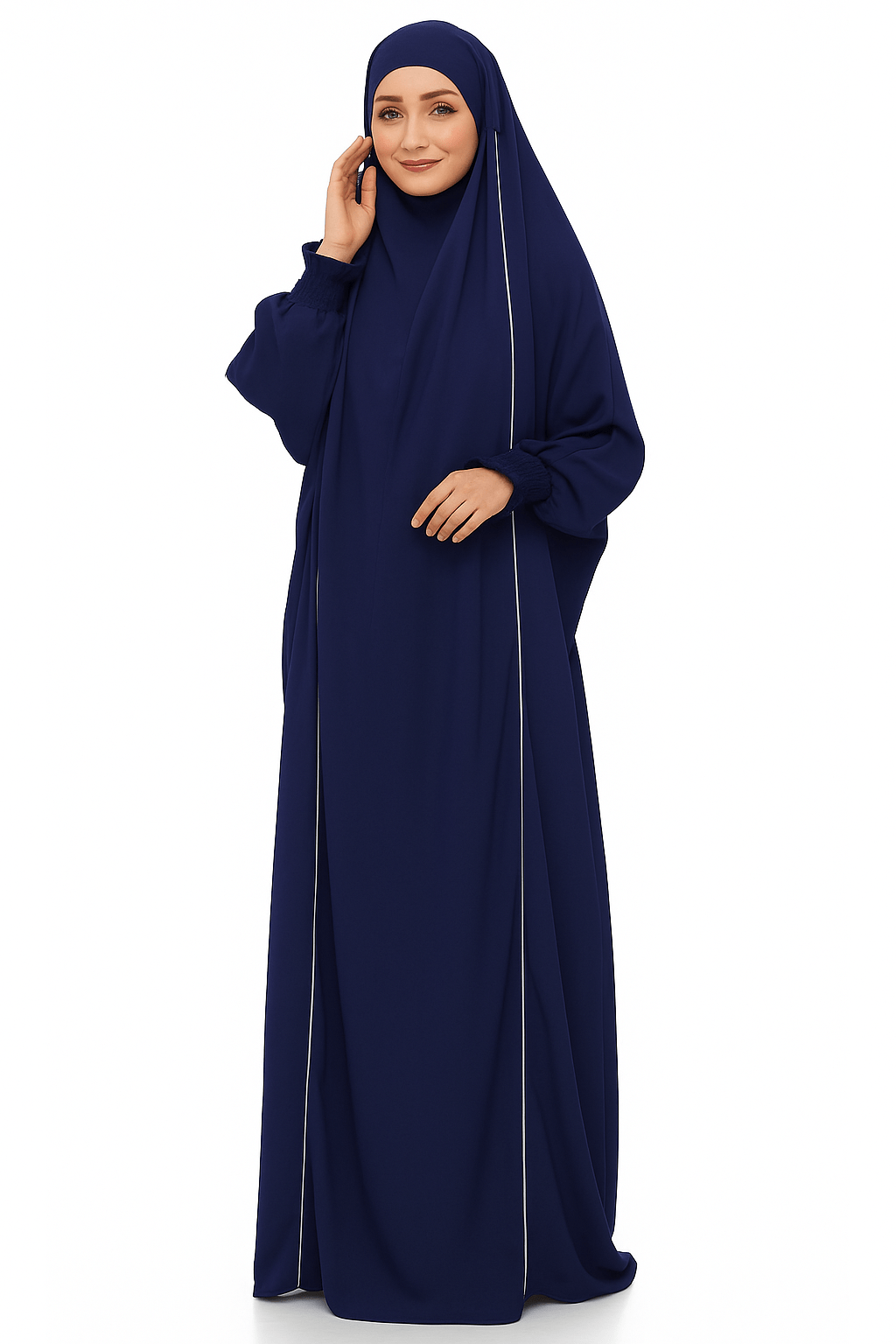French Piping Jilbab - Navy Blue - Amirah.pk