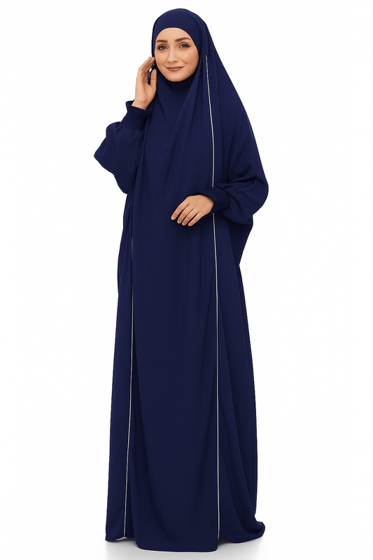 French Piping Jilbab - Navy Blue - Amirah.pk